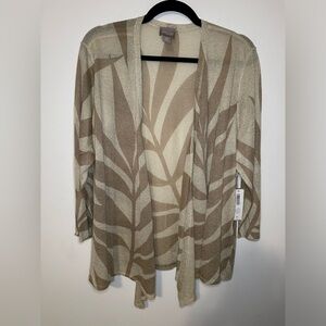 Chico’s Palm Leaves Long Sleeve Cardigan SZ 4 Open Front lightweight Beige Gold